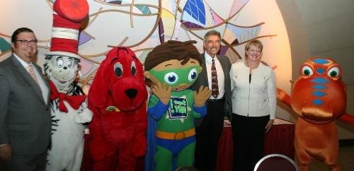 PBS Characters are in the picture with GVSU Staff/Representatives (photo).